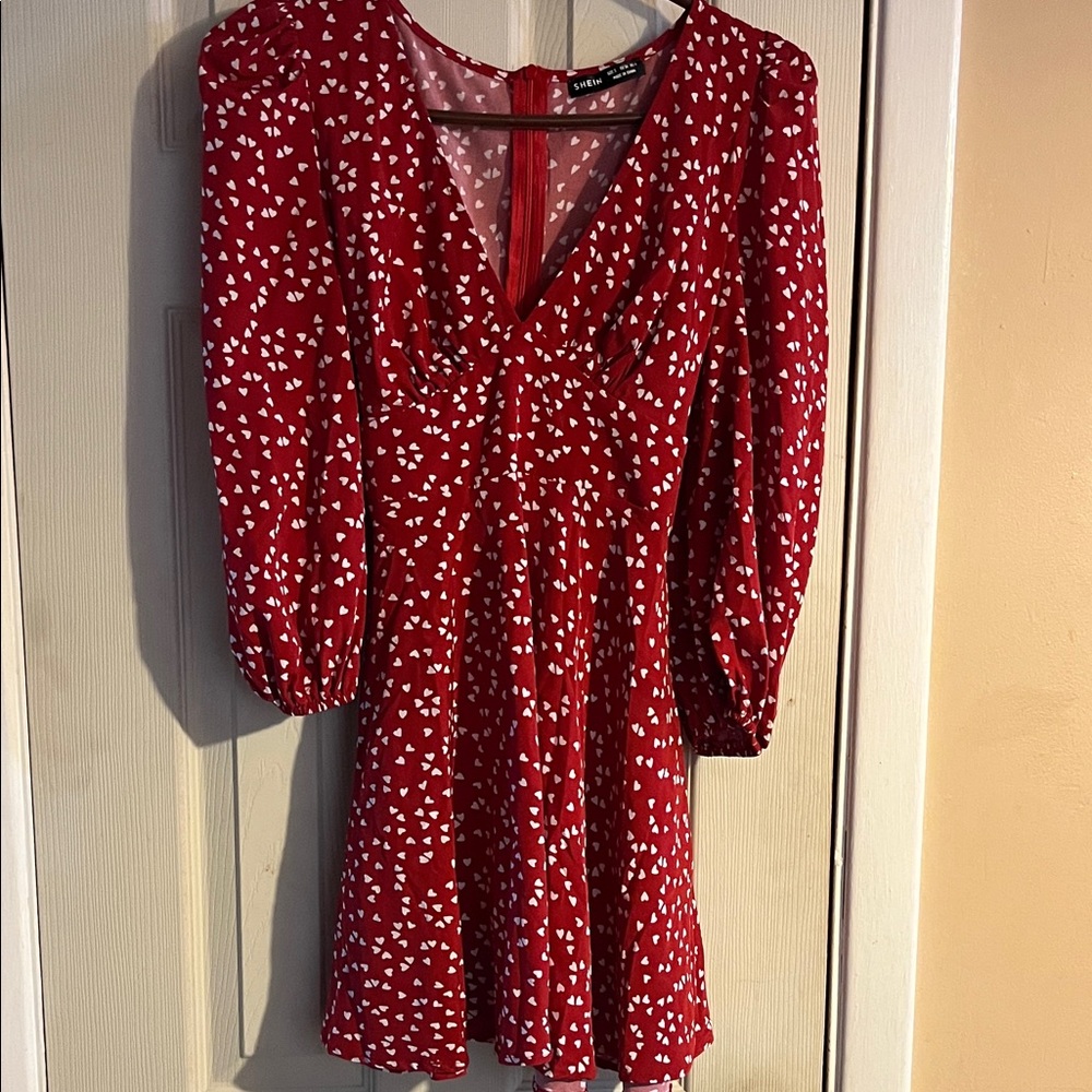 SHEIN Red Long Sleeve Heart Pattern Dress